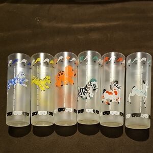 MCM VINTAGE 6 Libbey Merry Go Round Animal Frosted Glasses 50'S Drinkware Home